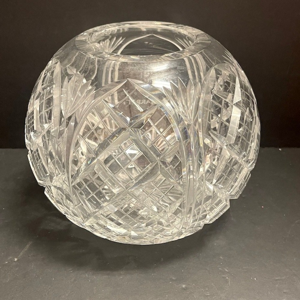 Vintage Cut Lead Crystal Rose Bowl Sphere Vase Inscribed 2007 Clear Art Glass